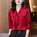 Elegant Pure Color Long Sleeve Women's Shirt with Bow Tie Single Button Open Cardigan Spring Autumn Fashionable Ageless