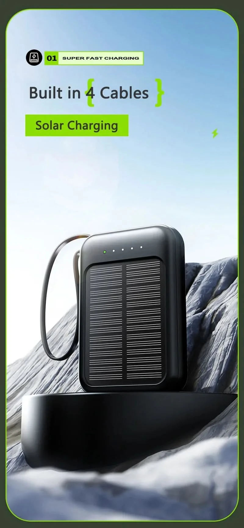 Solar Power Bank Built 4 Cables Portable Charger External Spare Battery Mini Powerbank with LED Light for IPhone Xiaomi Huawei - M & M Global