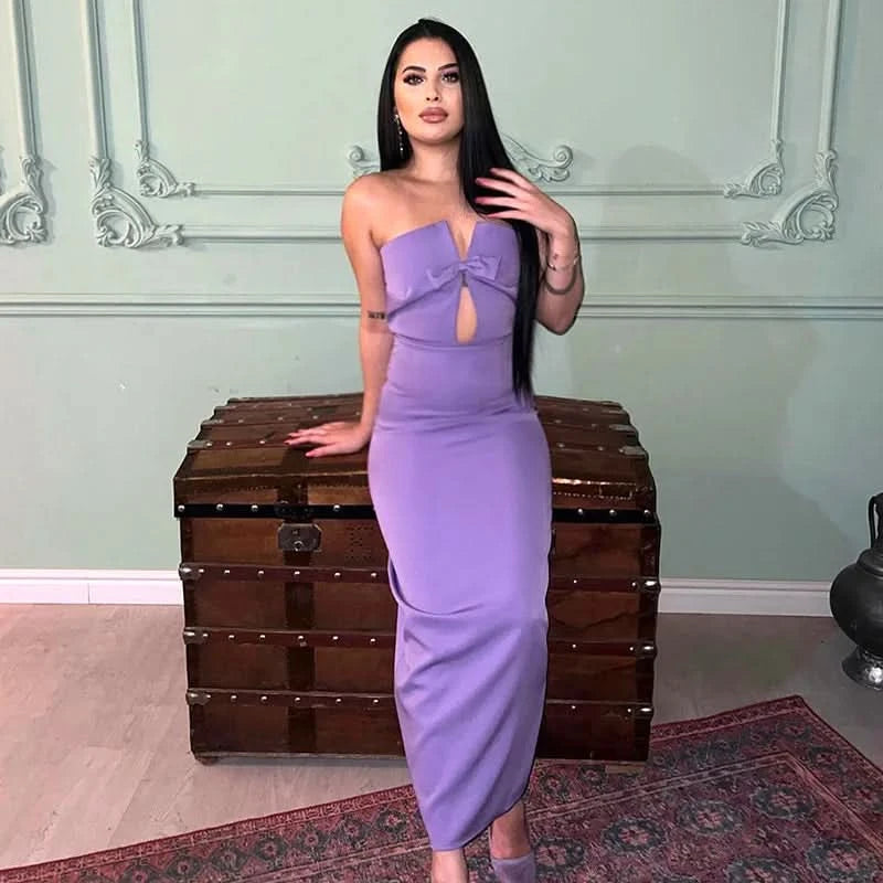Tossy Tee Bow Off-Shoulder Slim Long Dress For Women Patchwork Fashion Elegant Hollow Out Backless Clothes Female Party Dress - M & M Global