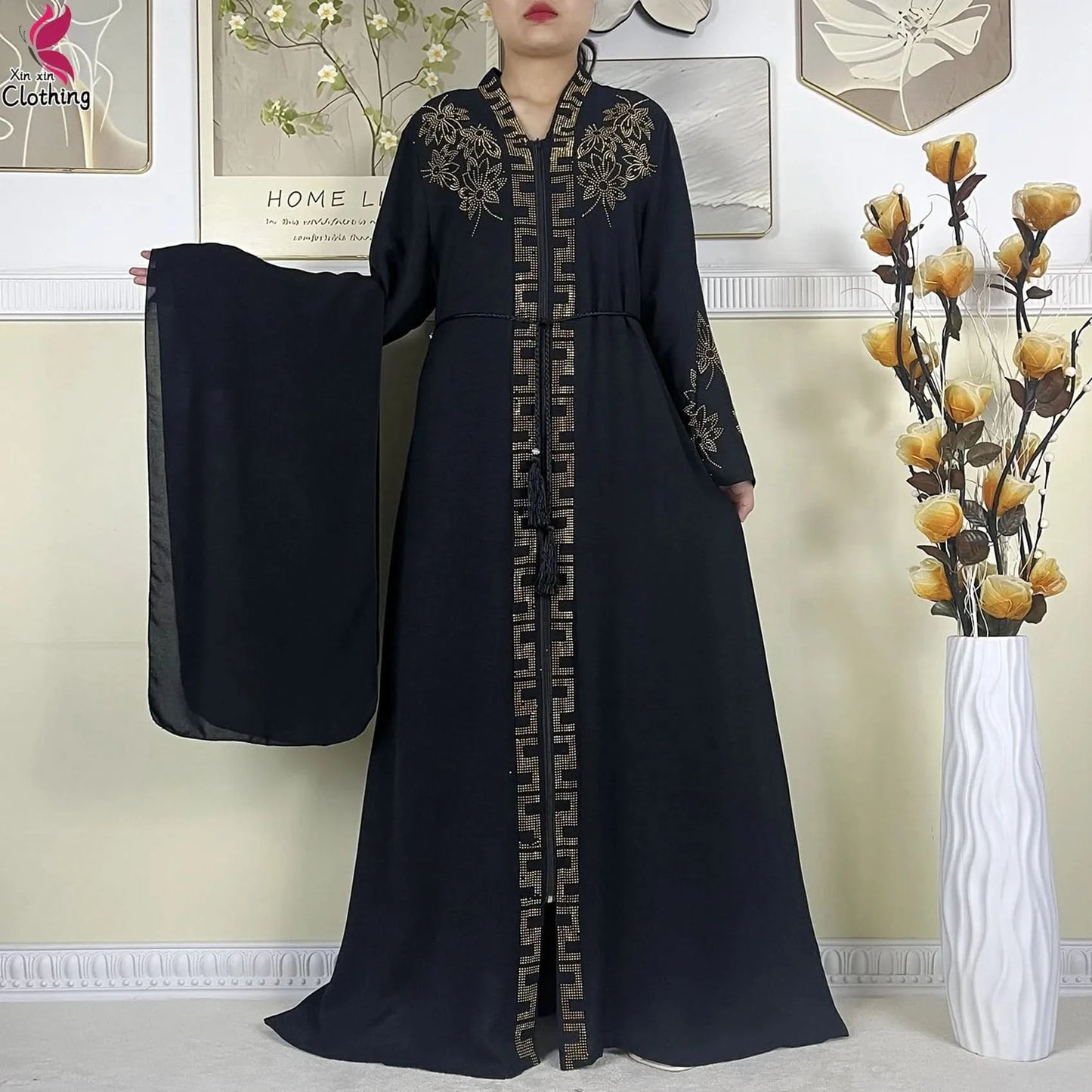 New Muslim Abayas For Women Long Sleeved Dress Dubai Lady Elegant Long Dress Islam Clothing African Abaya Loose Robe With Turban - M & M Global
