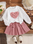 Girls’ 2-Piece Heart Print Top & Pink Bow Skirt Set