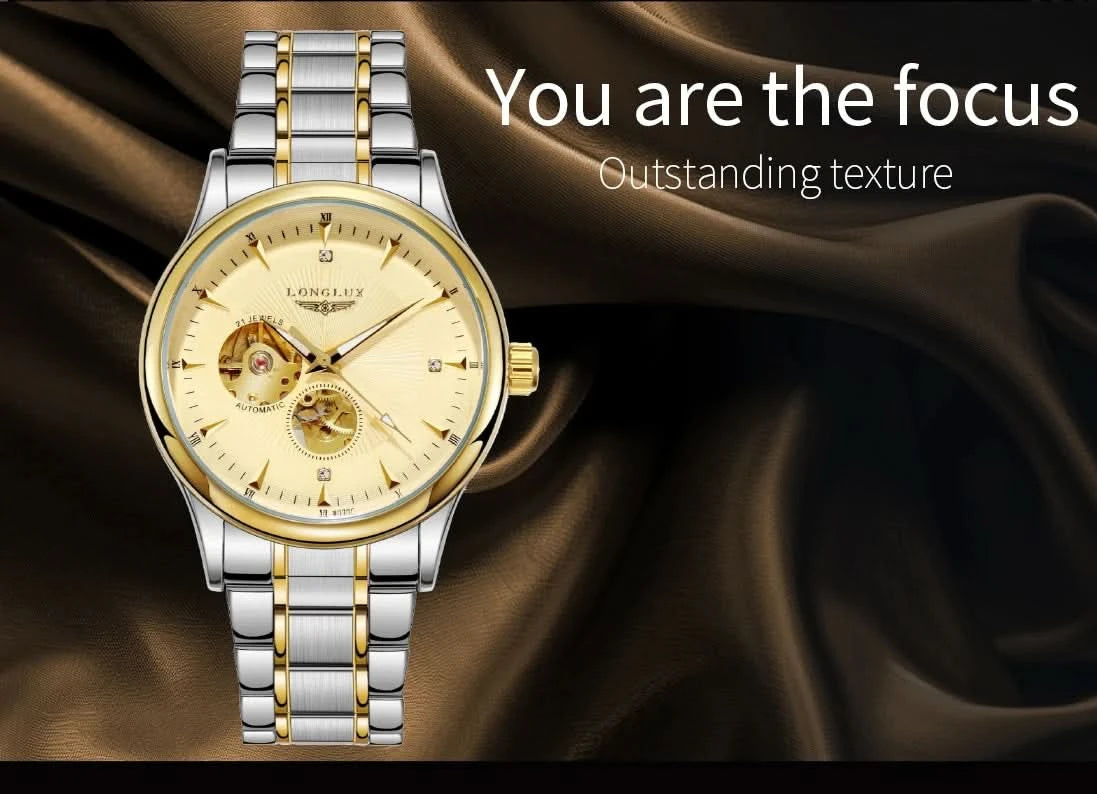 LONGLUX Men automatic mechanical watch elegant luxury watches waterproof skeleton business wholesale stainless steel gift watch - M & M Global