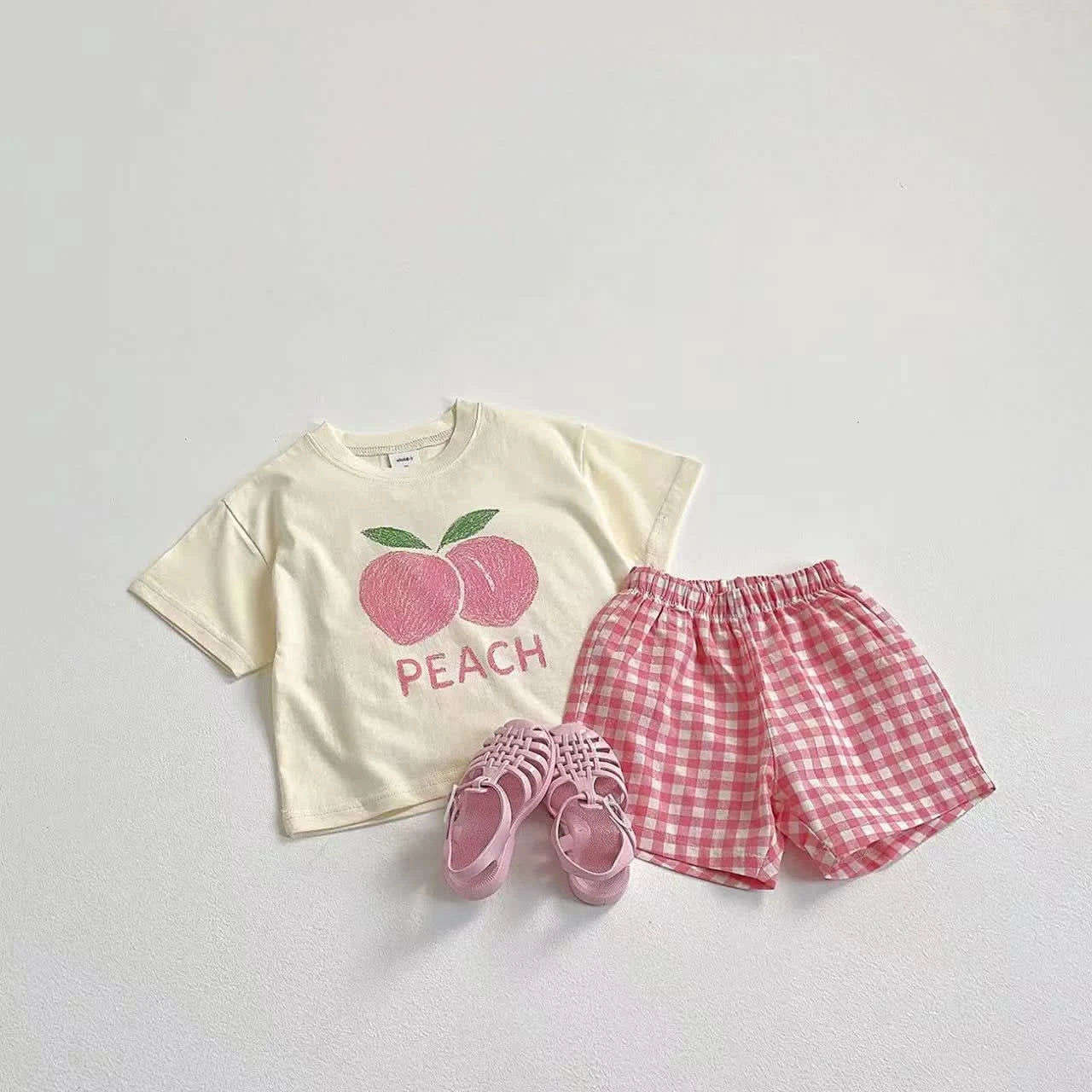 Fruit Tshirt Plaid Shorts 2Piece Set Boys And Girls Cute Tees Loose Shorts Kids New Simple Round Neck Tops+Shorts Kids Suit - M & M Global