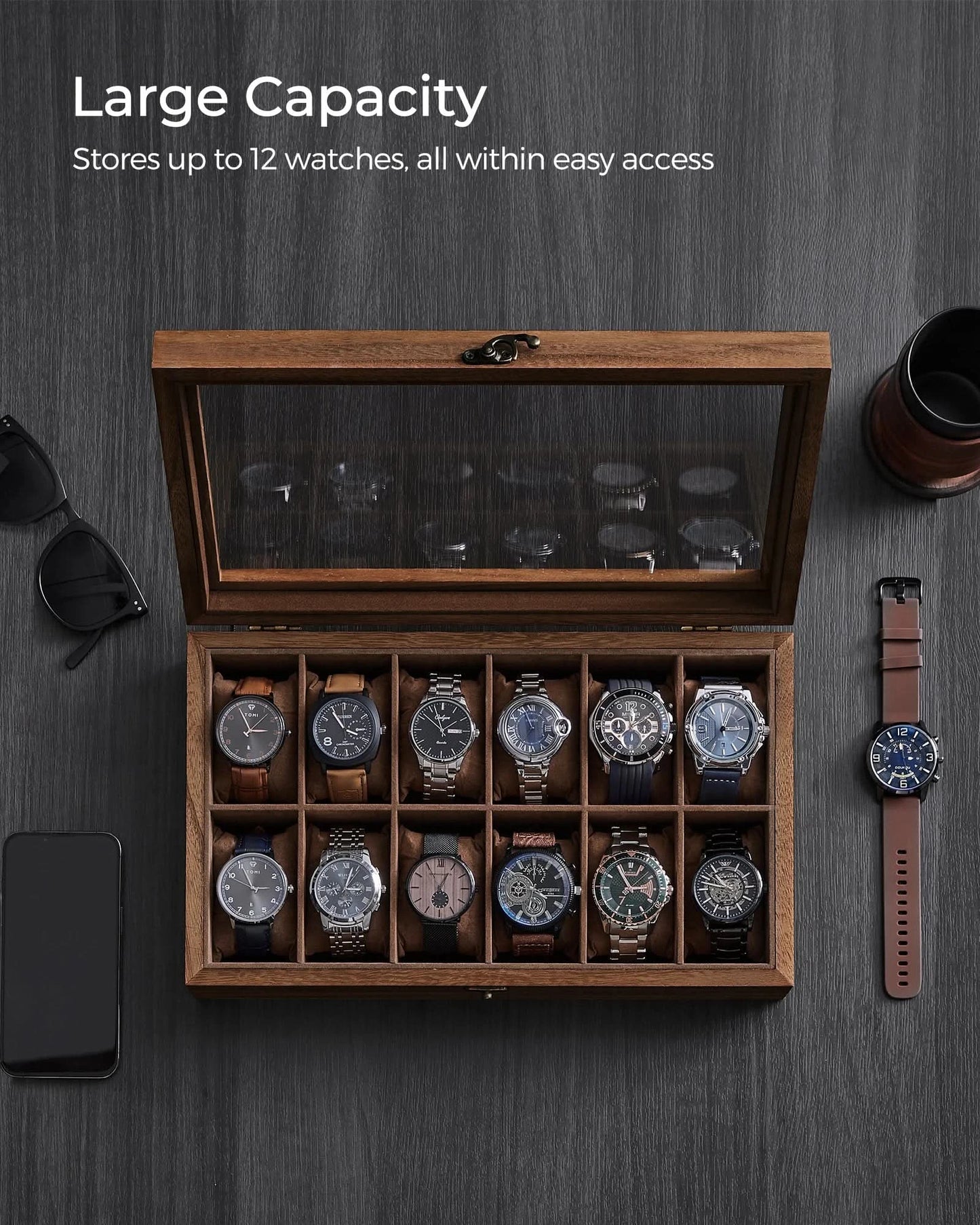 SONGMICS Watch Box, 12-Slot Watch Case, Solid Wood Watch Box Organizer with Glass Lid, Watch Display Case with Removable Pillows - M & M Global