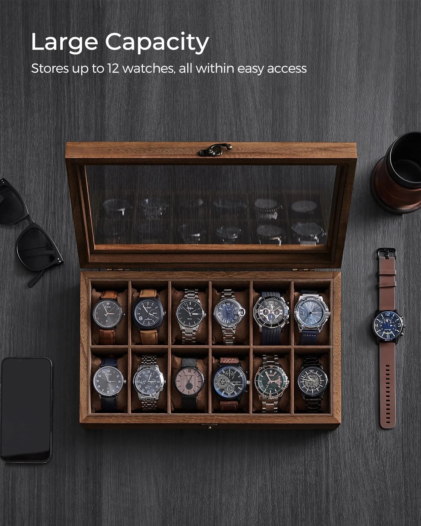 SONGMICS Watch Box, 12-Slot Watch Case, Solid Wood Watch Box Organizer with Glass Lid, Watch Display Case with Removable Pillows - M & M Global