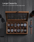 SONGMICS Watch Box, 12-Slot Watch Case, Solid Wood Watch Box Organizer with Glass Lid, Watch Display Case with Removable Pillows - M & M Global