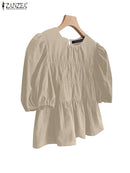 ZANZEA Women Summer Tops Short Sleeve Blouse 2025 Casual Solid Color Tunic Female Ruffled Round Neck Pleated Blusas Oversized