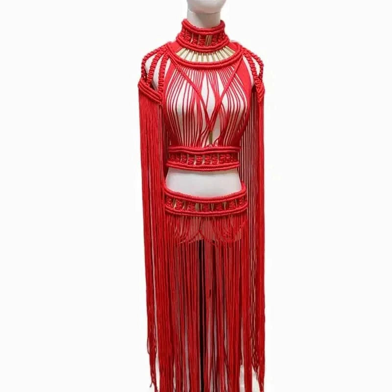 Leosoxs Tassel Hand Crochet Knitted Women Bikini Cover Ups Summer Holiday Beach Bathing Suit Sexy Hollow Out Skirts Matching Set - M & M Global