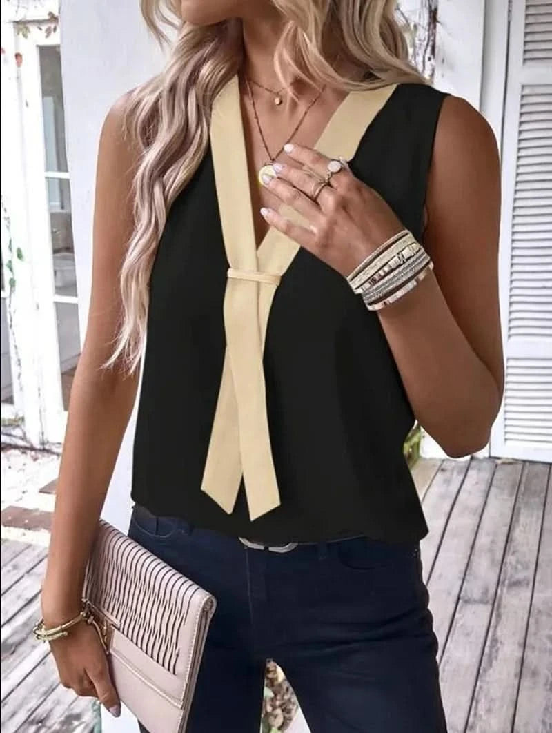 Elegant Women's Blouse Tees 2023 Summer Fashionable Style V-Neck Panel Sleeveless Top Lady Shirt S-XXXL - M & M Global