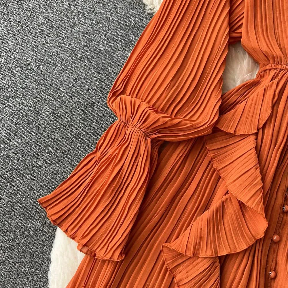 Purple/Brown/Red Chiffon Pleated Long Dress Women Vintage V-Neck Flare Sleeve Draped Ruffle Vestido Female Maxi Robe Spring Fall - M & M Global