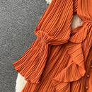 Purple/Brown/Red Chiffon Pleated Long Dress Women Vintage V-Neck Flare Sleeve Draped Ruffle Vestido Female Maxi Robe Spring Fall - M & M Global