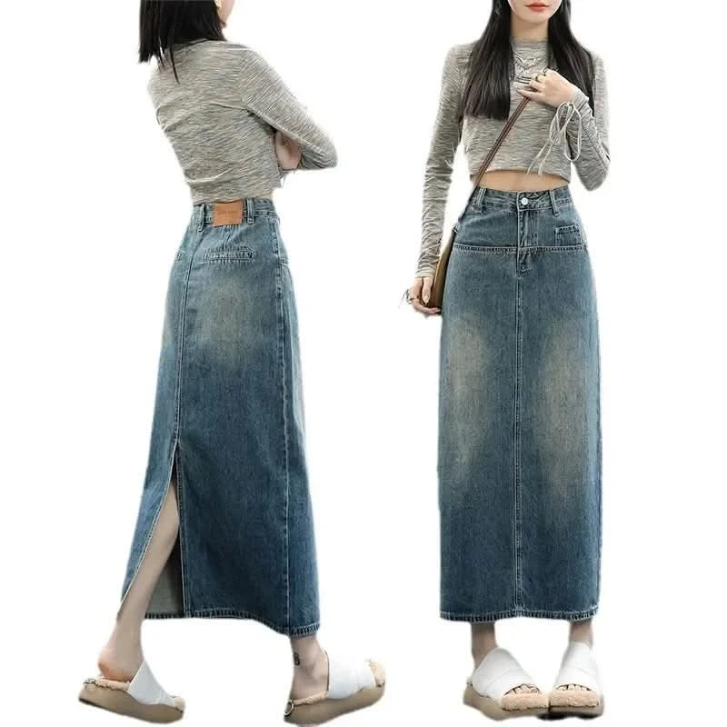 Elegant Women's Vintage Denim Skirt High-waisted A- line Long Dress Versatile Side Slit Spring Season Fashion - M & M Global