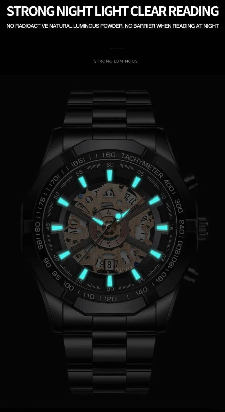 BINBOND Mens Quartz Watches Top Brand Luxury Stainless Steel Waterproof Hollow Out Blue Big Male Wristwatches Relogio Masculino - M & M Global