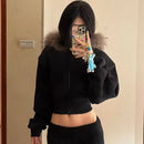 New American Style Hooded Sweatshirt Jacket Zipper Spring Autumn Short Design Top Short Outerwear Fur Collar Commuter Style