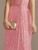 Luxury Pink Floor Length V-Neck Evening Dress 2025 Women Elegant Party Maxi Dress Sequin Short Sleeves Prom Cocktail Gowns