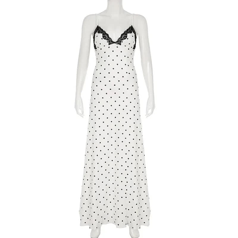 Tuularose Lace Spaghetti Strap Long Dress Women's Elegant Retro V-Neck Polka Dot Sleeveless Dress Summer Patchwork Party Dress - M & M Global