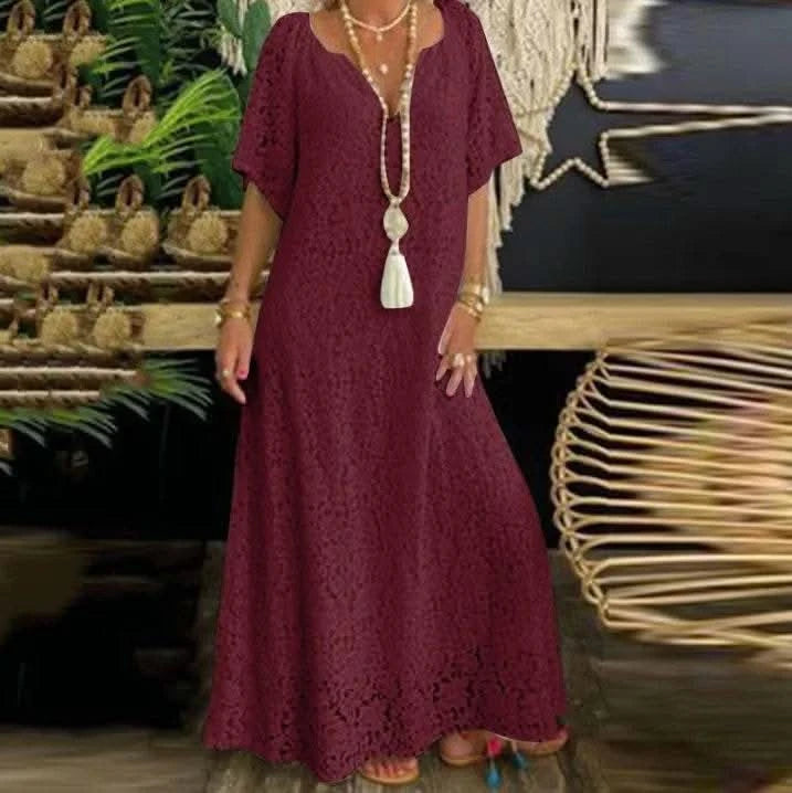 2025 Spring Lace Women Long Dress White V-neck A-line Elegant Dresses Female Summer New Fashion Casual Beach Cloths Ladies - M & M Global