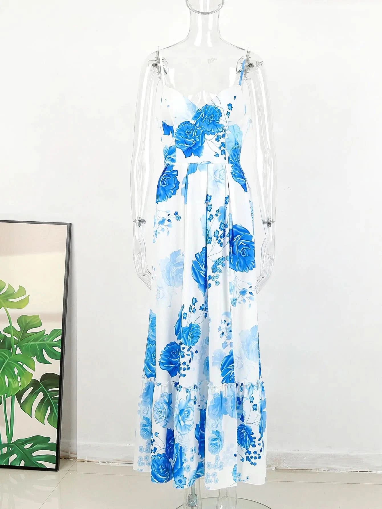 Summer Print Long Dress Women Clothing Lace Up Sling Party Dresses Pattern Strappy Ladies Hollow Out V-Neck Beach Vestidos - M & M Global