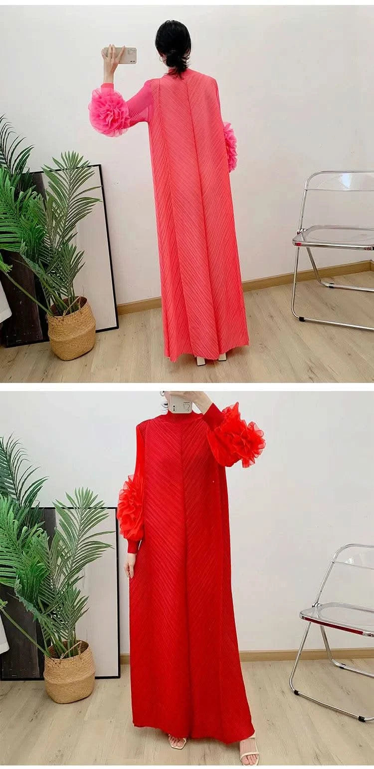 ANLAN Miyake Pleated Maxi Long Dress Mesh Petal Sleeve Half Turtleneck Formal Dresses for Women 2024 New Hot Sales 6KK9927 - M & M Global