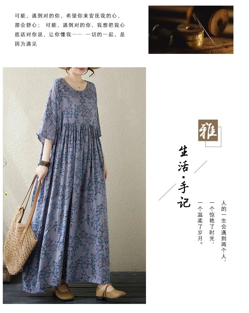 Oversized Summer Long Dress Women Floral Print Fashion Short Sleeve Ladies Dresses Casual Loose Ruffle Pleated Woman New Dress - M & M Global