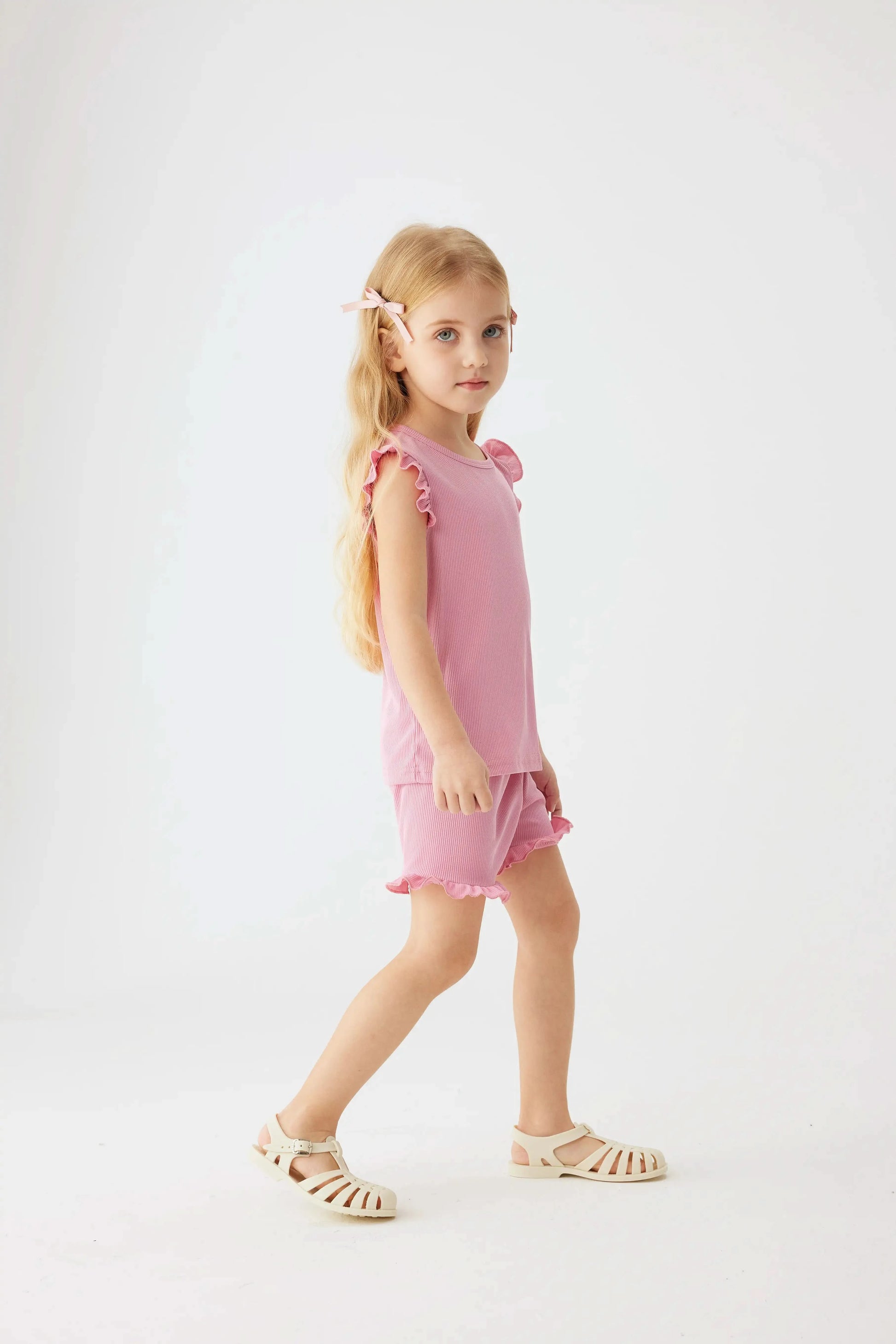 2024 Summer Hot selling Little Girl Daily Casual Clothing Minimalist Little Girl Polyester Set Cool Sleeveless Shorts Set Girl - M & M Global