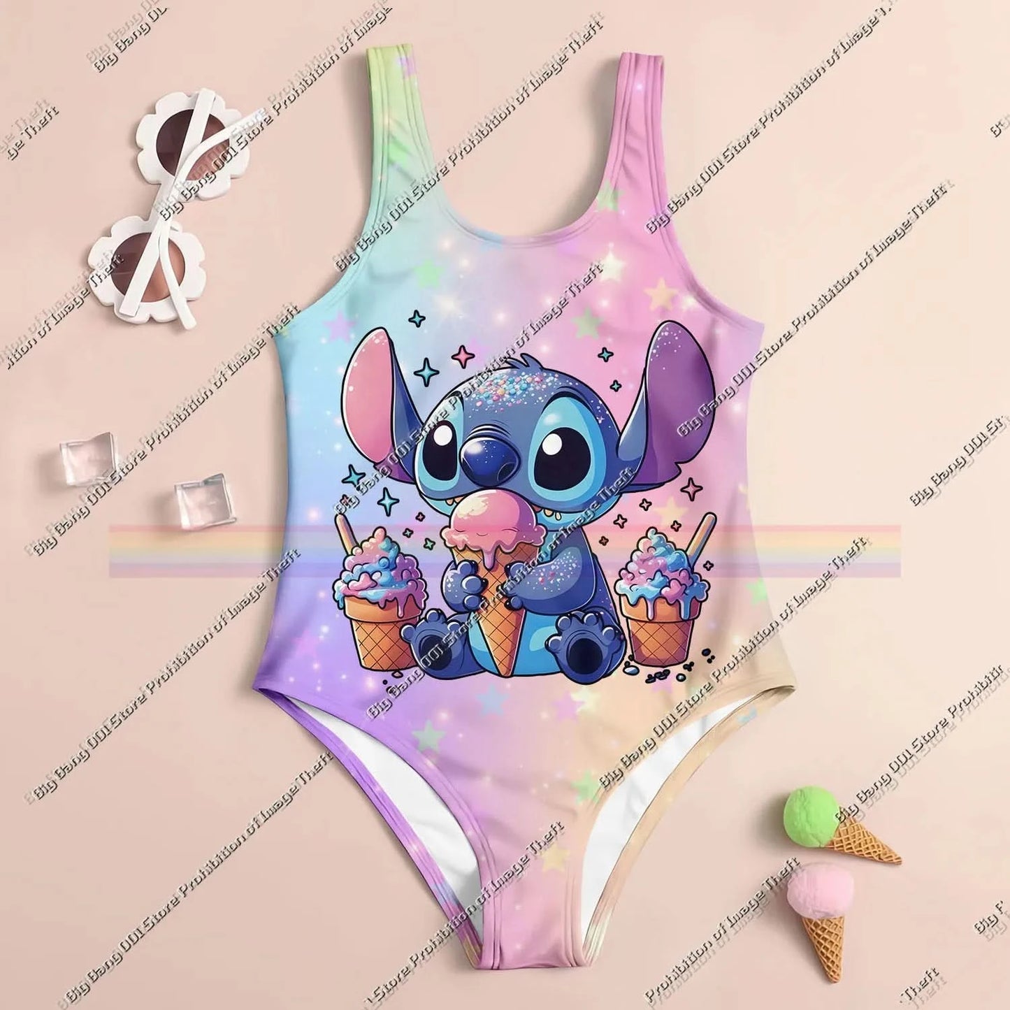 Stitch Cartoon Miniso 2025 Summer 3D Printing Kids Clothing Swimsuit Girls Boys Two Piece Bikini Set Beach Party Essential - M & M Global