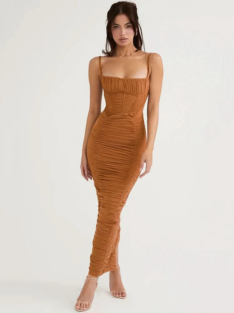 Mozision Elegant Corset Ruched Maxi Dress Women Fashion Spaghetti Strap Sleeveless Backless Zipper Long Dress Vestido - M & M Global