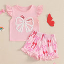 Cute Matching Baby Toddler Brother Outfit Bow Fly Sleeve Tops Elastic Waist Ruffle Shorts 2 Piece Summer Set for Siblings - M & M Global