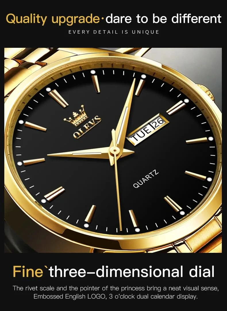 OLEVS Men Watches Waterproof Stainless Steel Quartz Male Wristwatch Gold Watch Fashion Luminous Luxury Calendar Business Clock - M & M Global