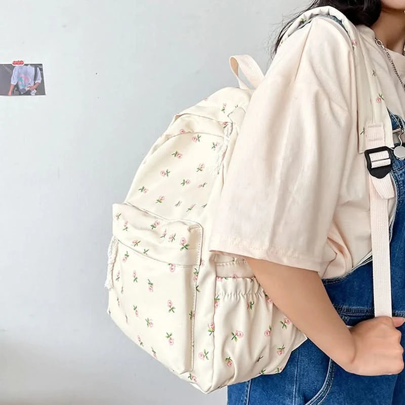 Student School Backpack Floral White School Bags For Teenage Girls Cute Women's Backpack Book Bag Nylon Rucksack - M & M Global