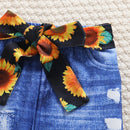 2pcs Girl Sunflower Printed Knitted round Neck Short Sleeved T-shirt Summer Thin Imitation Jeans Slim Fit Long Pants Set