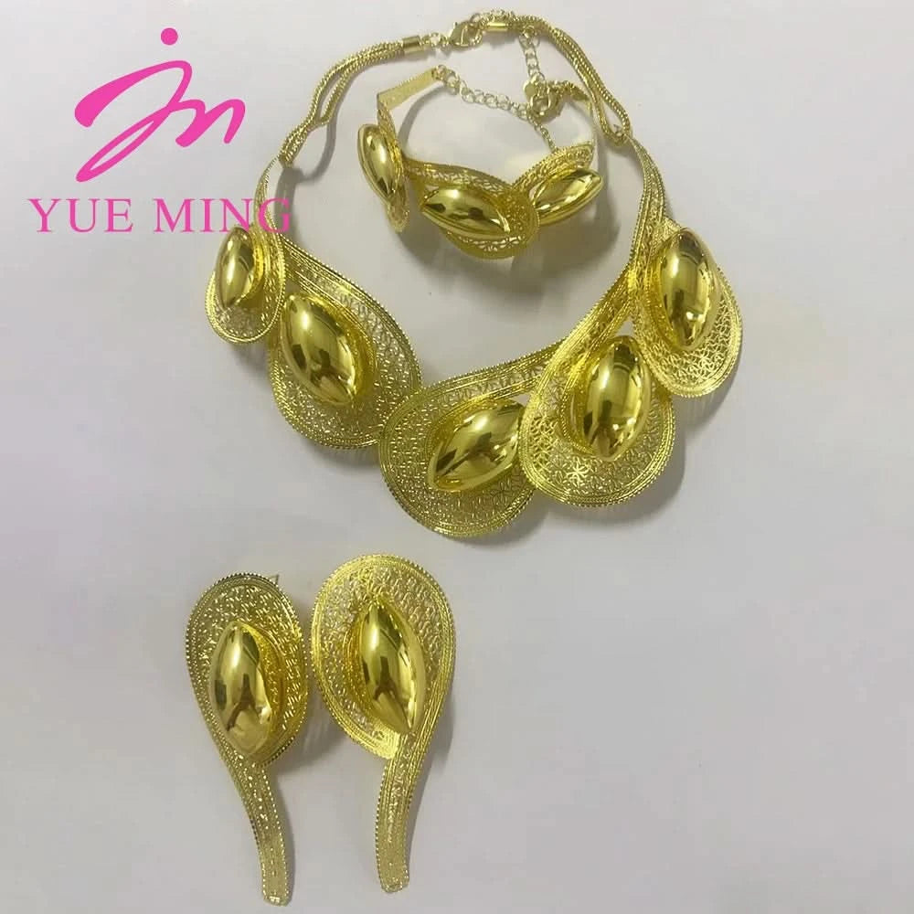 Jewelry Sets Women Italian Brazilian Gold Plated Luxury Wedding Necklace Earrings Bracelet Set Gold Colors Party Jewellery Gifts - M & M Global