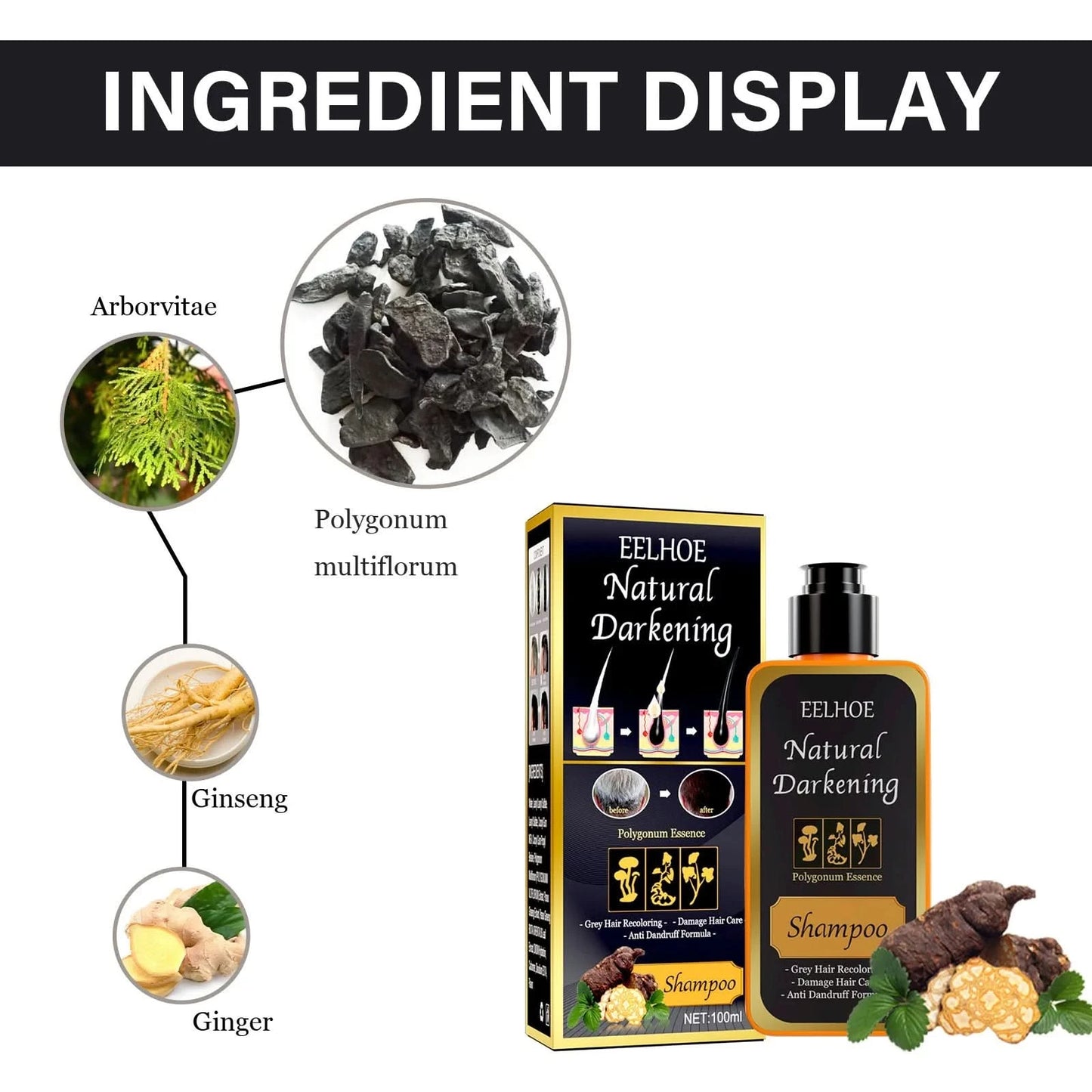 Hair Darkening Shampoo Repair Gray White Natural Color Dye Anti Scalp Itchy Care Dandruff Removal Polygonum Black Hair Shampoo - M & M Global