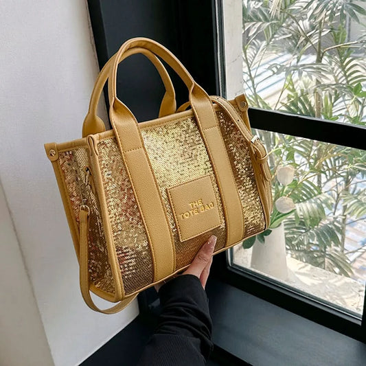 New The Tote Bag Letter Printed Sequins Top-Handle Bag Women Leather Handbag Luxury Designer Glitter Shoulder Crossbody Bag - M & M Global