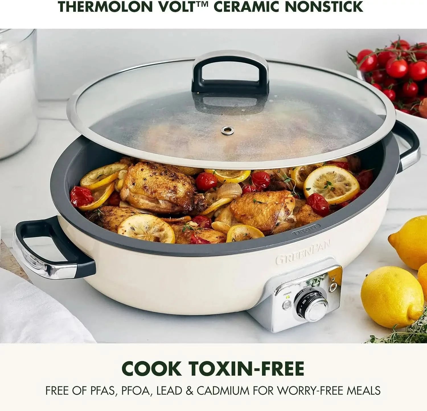Elite 5.5QT Electric Oval Skillet, PFAS-Free Ceramic Nonstick, 1800 Watt, Dishwasher Safe Lid & Removable Crock, Adjustable Temp - M & M Global