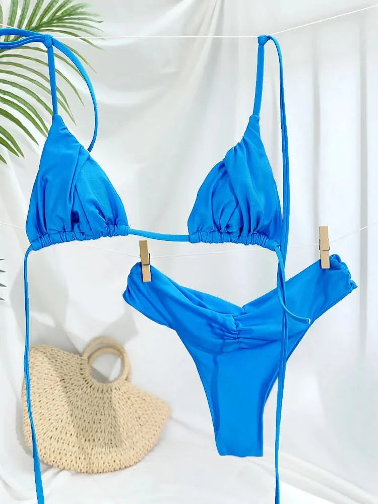 Woman swimsuits String Bikini Set Women High Cut Swimwear Sexy Bathing Suit Bandage Biquini Female Pleated Beachwear Summer - M & M Global