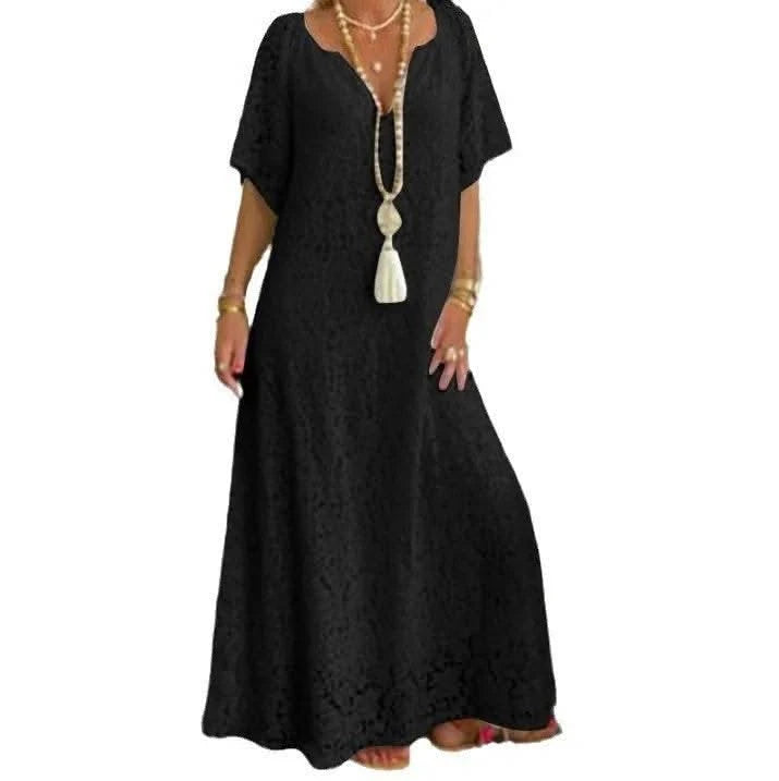 2025 Spring Lace Women Long Dress White V-neck A-line Elegant Dresses Female Summer New Fashion Casual Beach Cloths Ladies - M & M Global