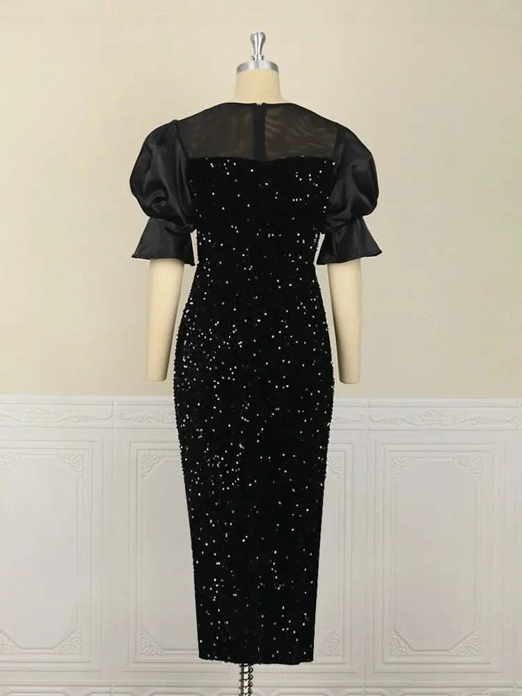 Women Sequined Shiny Black Long Dress Glitter Embroidered Chest Wrapped Puff Sleeve Classy Winter Fall Party Celebrity Gowns New - M & M Global