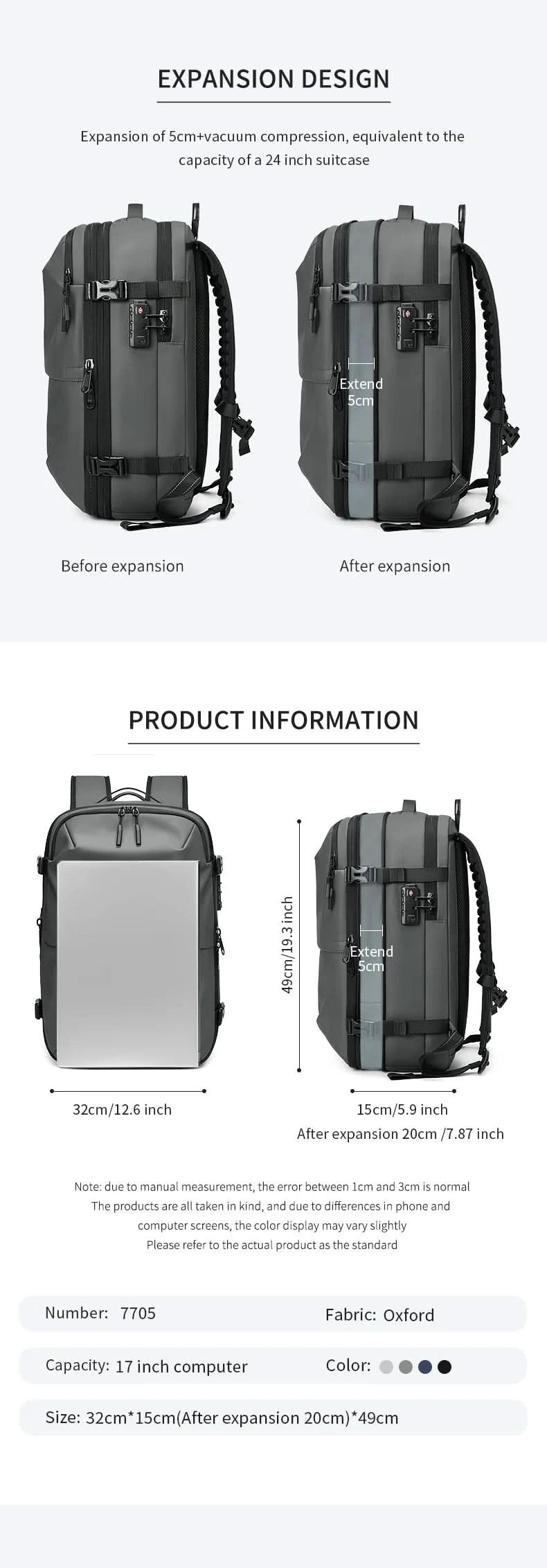 Men Travel Backpack vacuum compression 17 inch Laptop Backpack Business Large Capacity school Backpack Expanded Hiking backpack - M & M Global