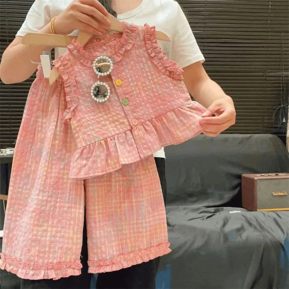 Bear Leader Children's Clothing Girls' Pink Clothing Summer Lace Contrasting Plaid Tank Top+Wide Leg Pants Two-piece Sets - M & M Global