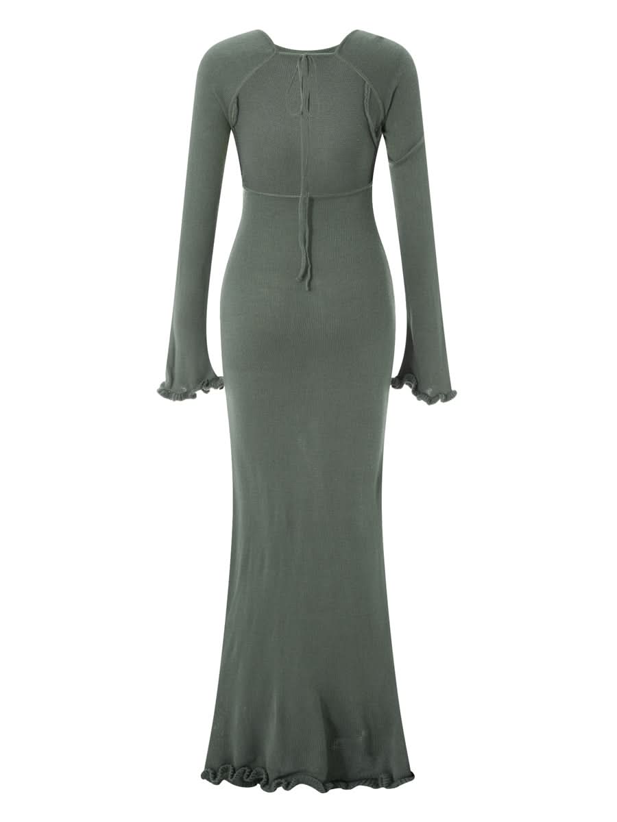 Women's Autumn Winter Knitted Bodycon Dress Long Sleeve Tie Backless Round Neck Solid Color Ruffle Trim Long Dress Beachwear - M & M Global