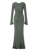 Women's Autumn Winter Knitted Bodycon Dress Long Sleeve Tie Backless Round Neck Solid Color Ruffle Trim Long Dress Beachwear - M & M Global