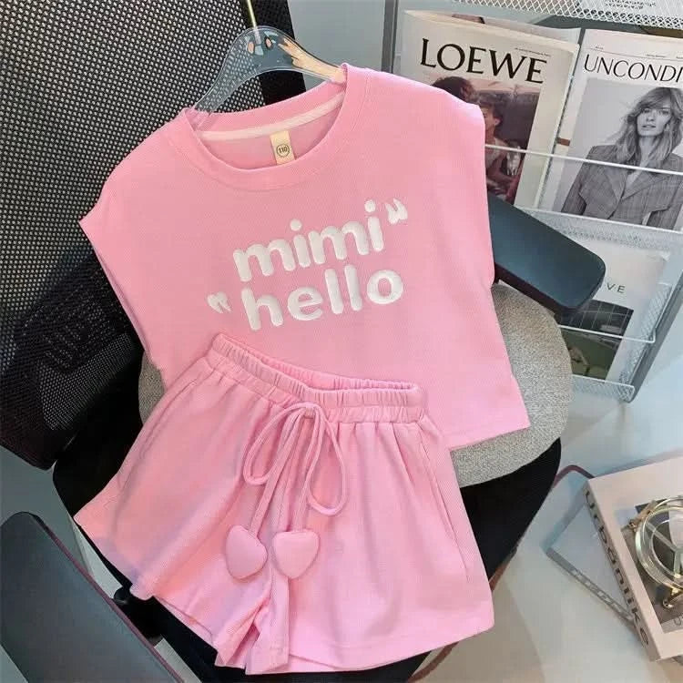 New 4 -14 Years  Summer Girls Clothing Set Letter Print Sleeveless T-shirt + Heart Shorts Pants 2pcs Suit Kids Leisure Outfit - M & M Global