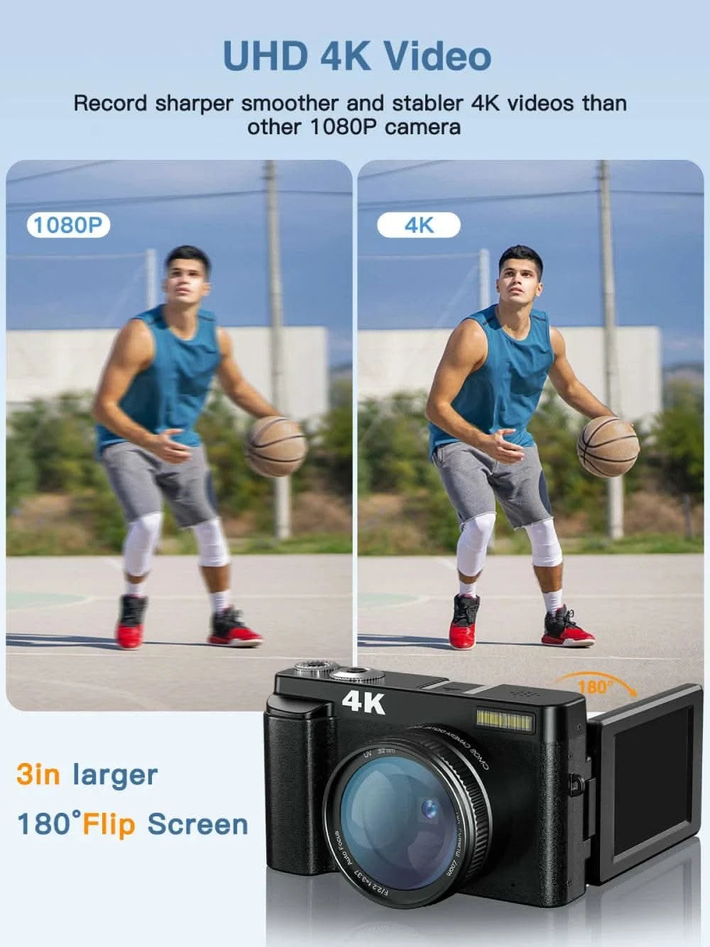 4K Digital Camera for Photography and Video Autofocus Anti-Shake 48MP Compact Vlogging Camera 3'' 180° Flip Screen with Flash - M & M Global