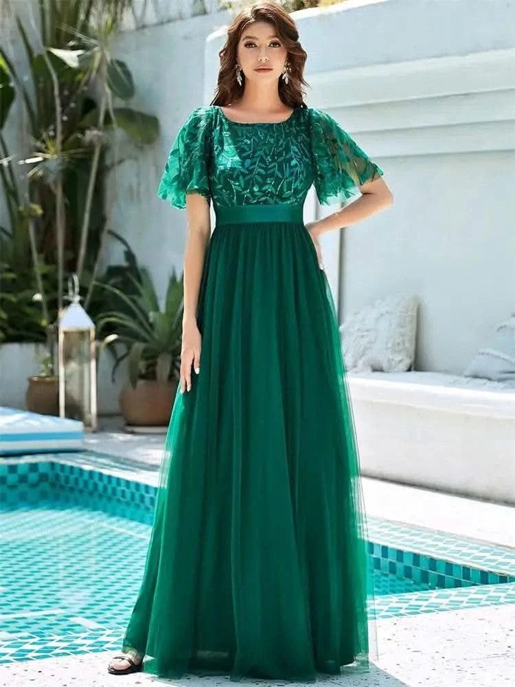 2023 New Women's Burgundy A-Line Sequin Mesh Leaf Maxi Prom Dress Sparkle Evening Dresses O-Neck Short Sleeve Long Dress - M & M Global