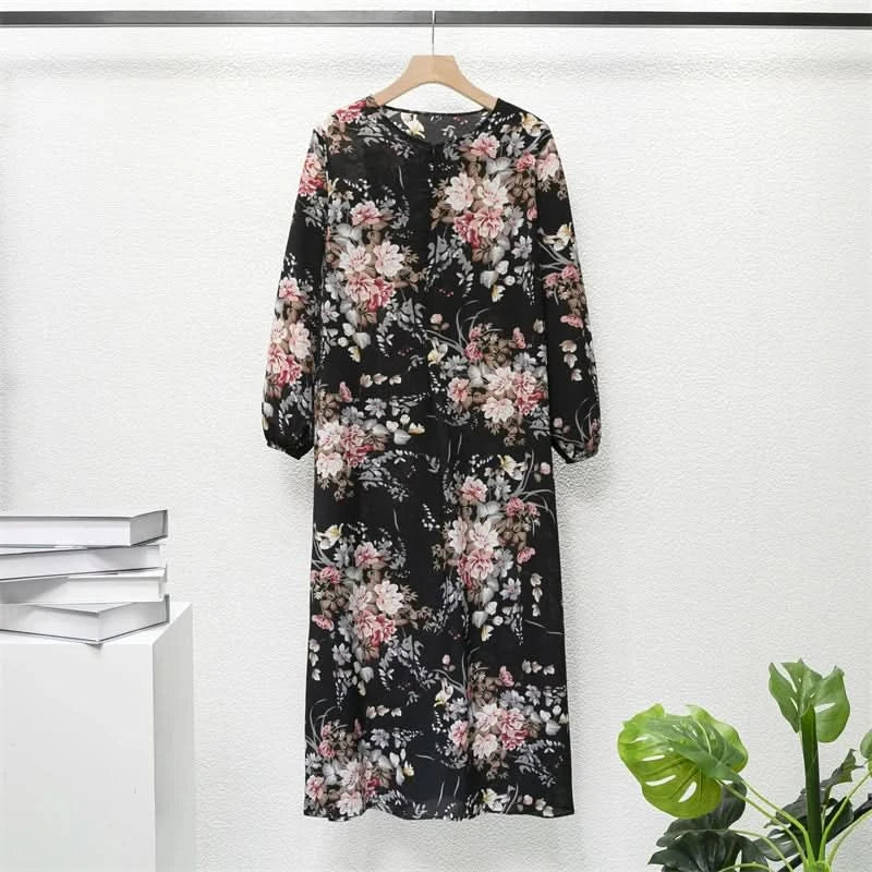 Muslim Dresses Women Maxi Dresses Mujer Vestidoes Female Loose Dresses Full Sleeve Printed Floral Casual Robe Long Dress - M & M Global