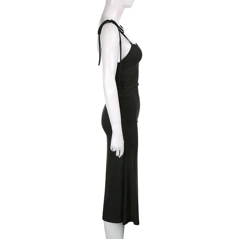 Fashion Strappy Ruched Sexy Black Dress Irregular Elegant Backless Long Dress Party Summer Dresses Women Clothes Vintage Dress - M & M Global