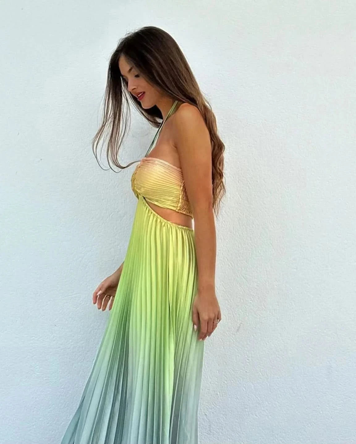 Women Chic Gradient Print Halter Neck Pleated Beach Long Dress Fashionable Long Dress Sexy Hollow Out Vacation Maxi Dress Outfit - M & M Global