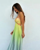 Women Chic Gradient Print Halter Neck Pleated Beach Long Dress Fashionable Long Dress Sexy Hollow Out Vacation Maxi Dress Outfit - M & M Global