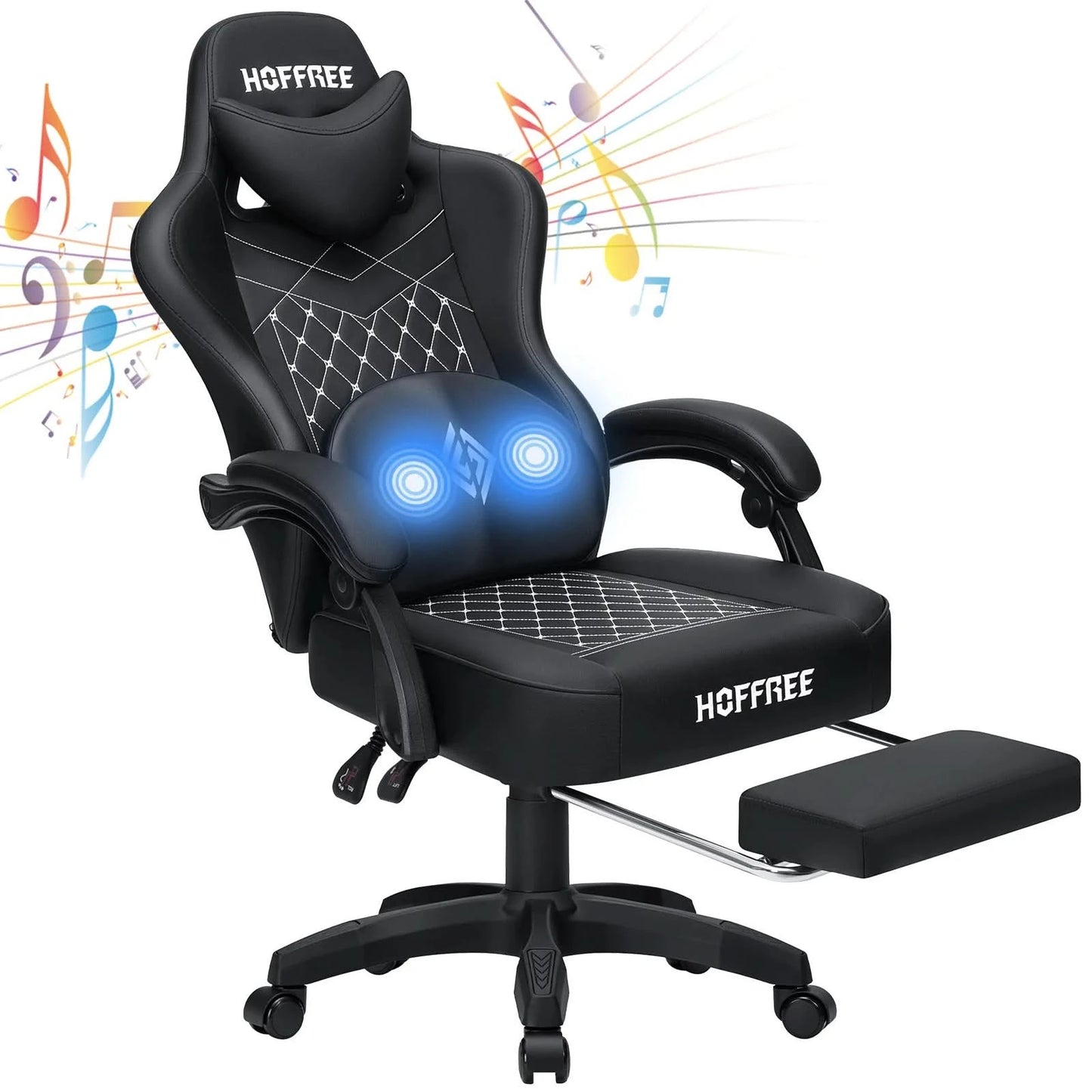 Gaming Chair with bluetooth Speakers RGB LED Lights Ergonomic Massage Video Game Chair with Footrest High Back w/ Lumbar Support